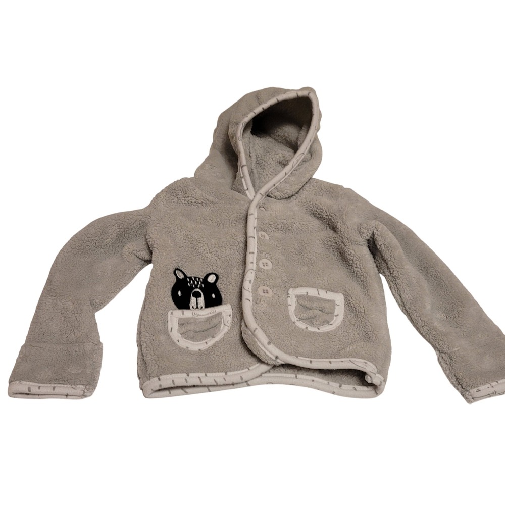 GJP Baby Fleece Hoodie 6-9 Months Grey Bear Button Up Soft Sherpa Style Winter